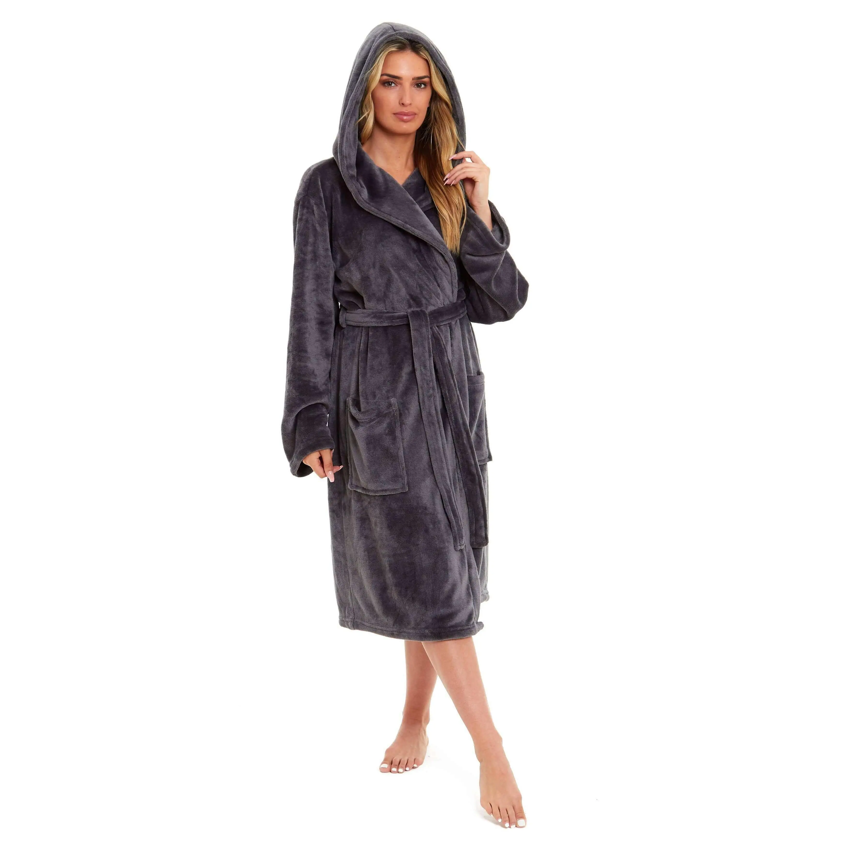 Women's Super Soft Plush Fleece Hooded Bathrobe Fluffy Velvet Loungewear Long Sleeve Cosy Winter Dressing Gown Spa Essential by Daisy Dreamer