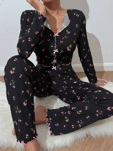 Two-Piece Set Women's All Over Print Lettuce Trim Button Front Pajama, Casual Comfy Long Sleeve V Neck Top & Pants PJ Set, Women's Sleepwear & Loungewear for Spring & Fall