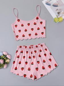 2 Pieces Two-piece Set Women's All Over Strawberry Print Crop Cami Top & Lettuce Trim Shorts Pyjama Set, Casual Soft Sleeveless Spaghetti Strap Camisole & Elastic Waist Shorts Pj Set, Summer Sleepwear Set for Ladies, Female Nightwear, Holiday Sets Girls