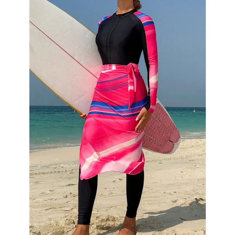 Swim Shayni Women Color Block Patchwork Marble Pattern Zip-Up Long Sleeve One Piece Swimsuit & Pants & Cover Up Skirt, For Summer Beach Vacation Arabic Clothing 5