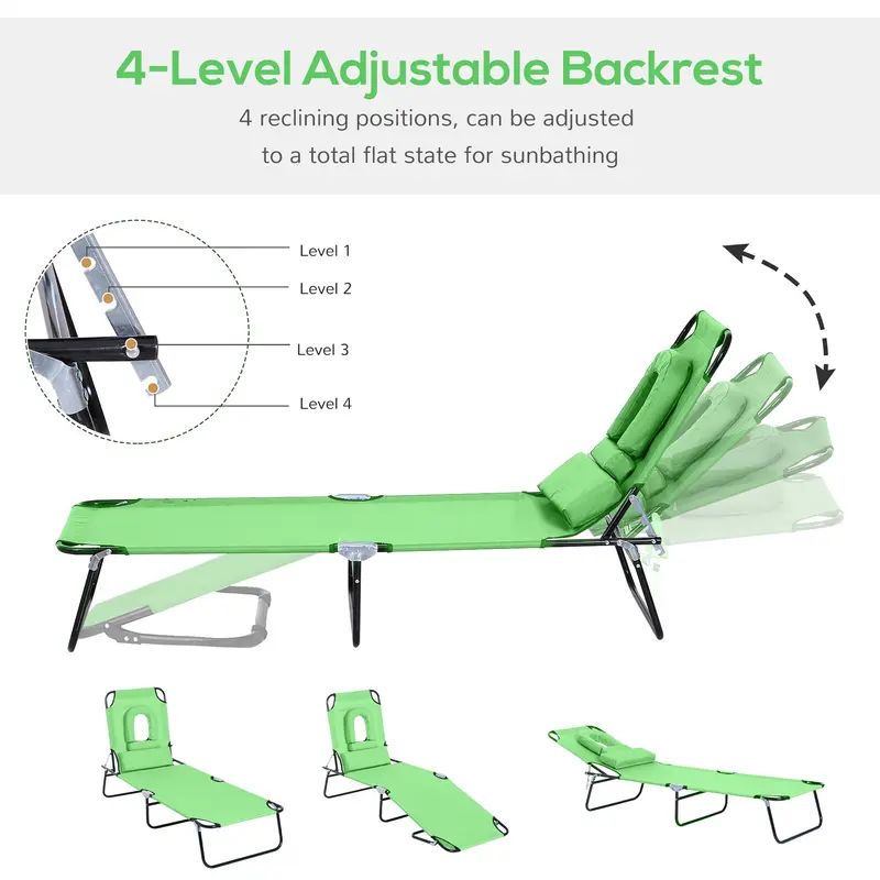 Outsunny Outdoor Folding Sun Lounger with Face Hole, 4 Level Adjustable Backrest Reclining Garden Lounger, Garden Recliner Sunbed with 600 D Oxford Cloth Seat and Pillow for Beach, Green 3