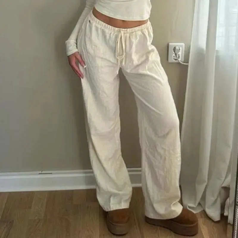 Summer Women's Cotton Linen Solid Color High-Waisted Drawstring Comfortable Casual Trousers Loose Fit Straight Leg Pants