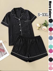 Women's Pocket Button Front Shirt & Elastic Waist Shorts Satin Pyjama Set, Casual Contrast Binding Lapel Collar Short Sleeve Top & Shorts Pj Set, Summer Outfits 2024, Women's Sleepwear for Summer, Womenswear