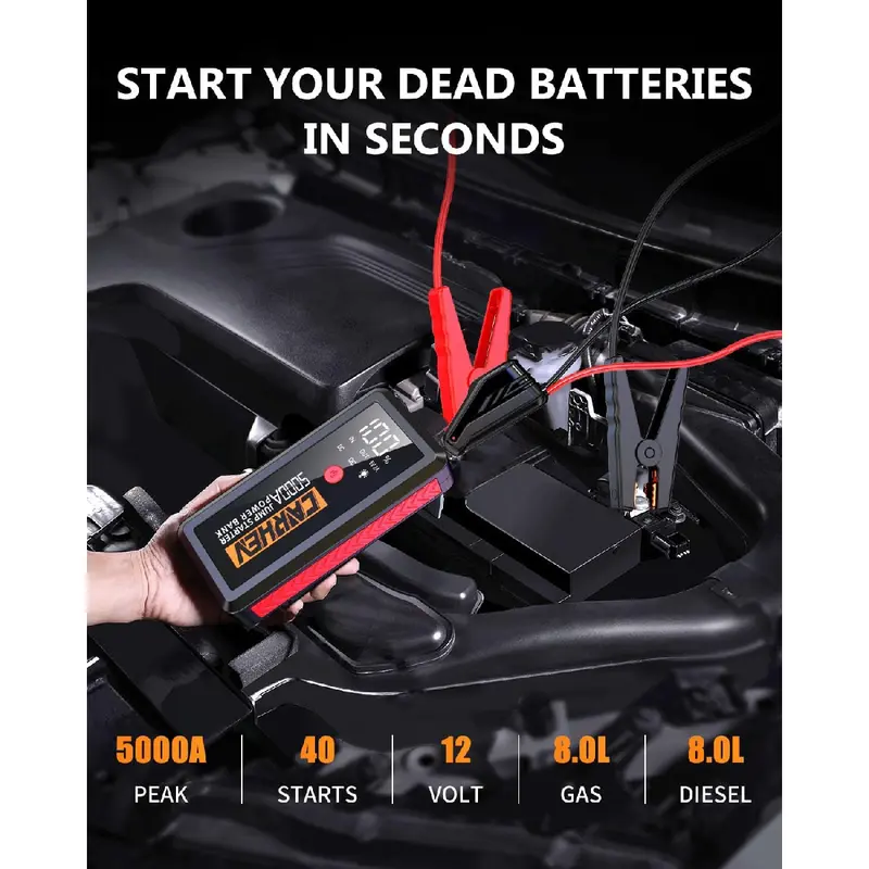 2025-New 5000A Jump Starter Power Pack, Portable Car Battery Booster for 12V Vehicles (Up to 8.0L Gas/Diesel), With USB Quick Charge 3.0 and LED Flashlight 1