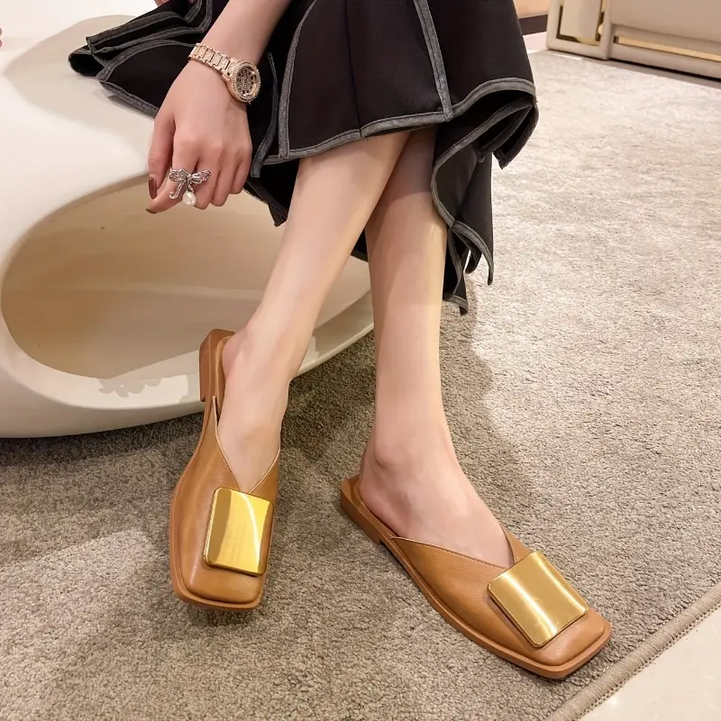 [Golden Accent Mule Shoes Square] Elegant Black Slip-On Mules with Golden Metallic Accent - Comfortable Low Heel, Square Toe Design, Faux Cover, Non-Slip Rubber Sole for All-Season Wear, Mule Shoes 6