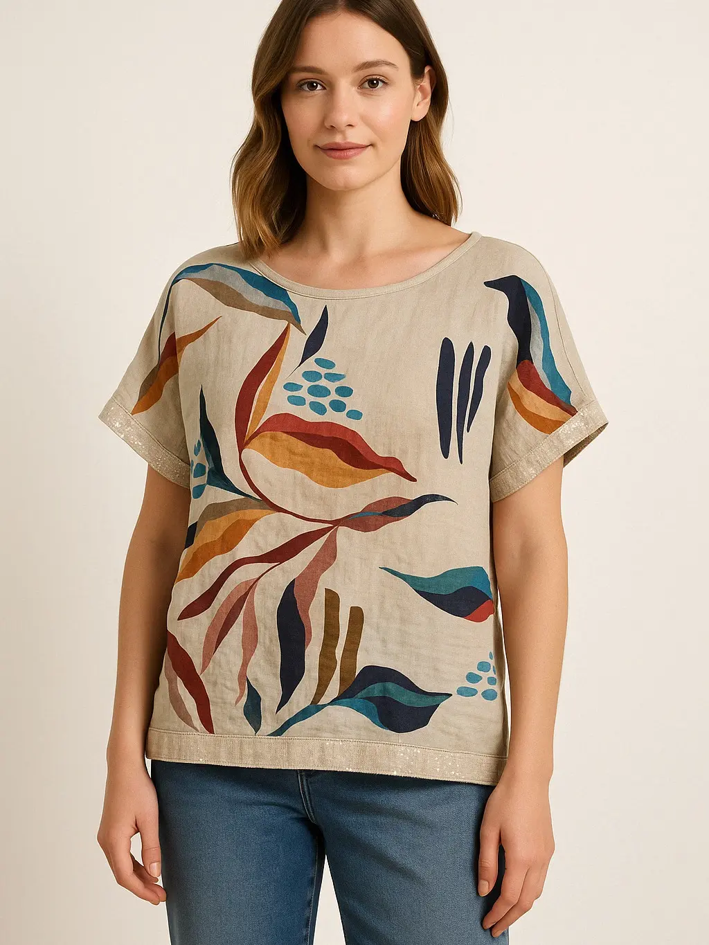 [Silu Boutique] PRINTED LINEN FRONT AND JERSEY COTTON BACK T-SHIRT WITH SEQUIN HEM -  up to uk20