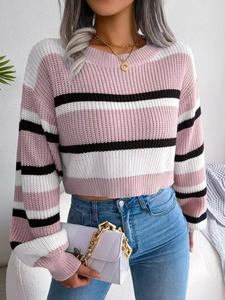 Women's Striped Lantern Sleeve Crop Sweater, Casual Drop Shoulder Jumper Pullover Tops for Autumn Fall, Ladies Clothes
