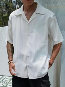 Men's Solid Color Textured Short Sleeve Ice Silk Shirt, Loose Casual Comfy Lapel Neck Top for Summer, Men's Clothes for Beach Vacation