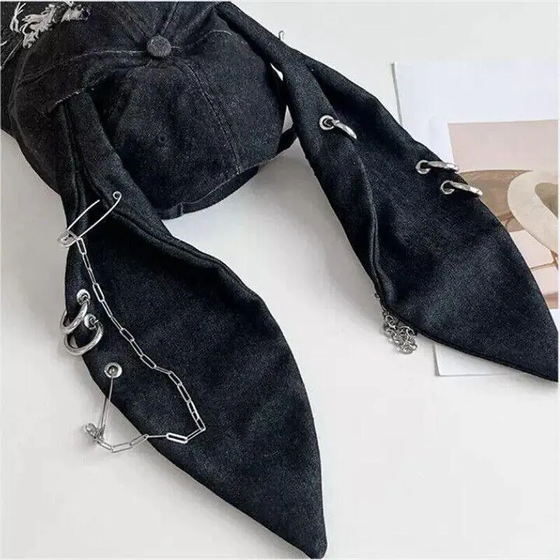 Women's Dark Punk Distressed Denim Cat Ear Baseball Cap with Iron Ring Detail - Adjustable Black Trucker Hat for Edgy Style, Fashion Accessory | Metal Ring Detailing | Denim Construction 3
