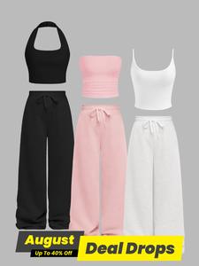 Women's Minimalist Solid Color Crop Top & Wide Leg Pants Set, Casual Basic Comfy Sleeveless Top & Trousers for Daily Wear, Ladies Outfits for All Seasons, Womenswear, Loungewear, Homewear, Casual Matching Set
