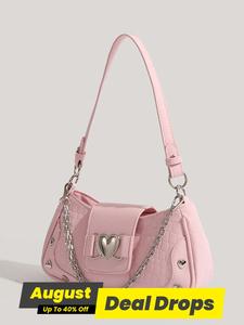 Women's Fashion Chain Decor Shoulder Purse, Heart Decorated Crocodile Textured PU Leather Bag for Daily Used, Trendy All-match Elegant Bag, Cute Y2K Punk Style Hobo Dumpling Bag