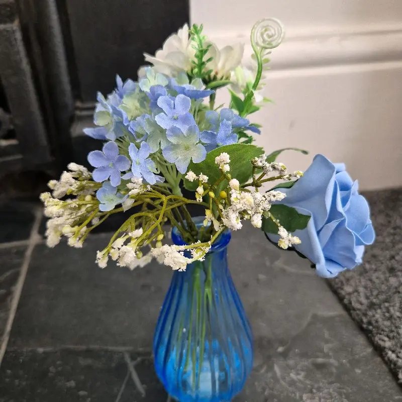 Mini Blue and Lilac Faux Flowers Artificial Ornaments in Vase - Decorative Home Gift - Plants bud vases 4