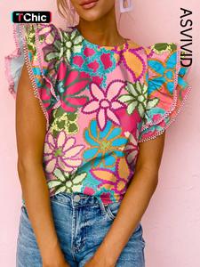 Floral Print Fly Sleeve Ruffle Round Neck Tee Blouse