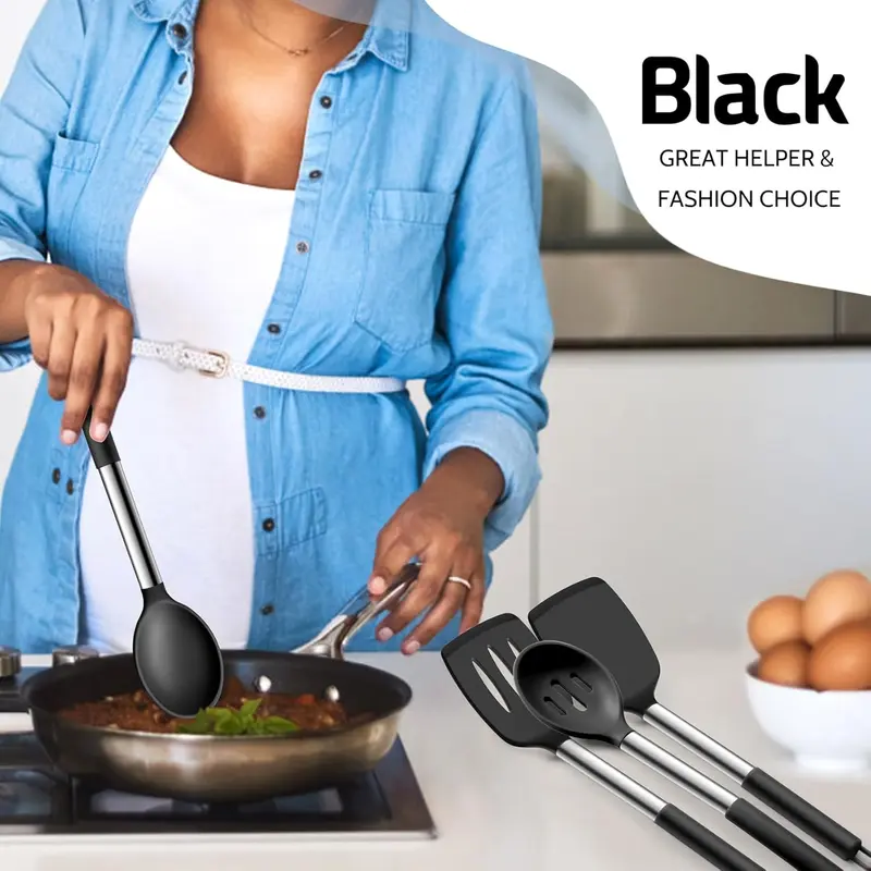 Black Silicone Turners Spoons Kitchen Utensil Set, 4Pcs for Cooking Serving Mixing, Heat Proof & Safe for Non-Stick Cookware, Stainless Steel Handle 4