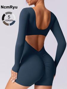 Women's Seamless High Elastic Soft U-Neck Back Hollow-Out Hip Lifter Yoga Suit Four Seasons Outdoor Running Cycling Climbing Walking Fashion Siaman Shorts Gym Sports Training All-match Long-sleeved Shorts, Stretchable Activewear