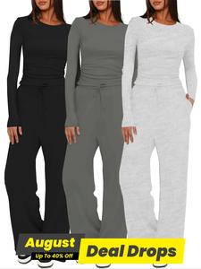 Two-piece Set Women's Solid Ruched Tee & Drawstring Pocket Pants Lounge Set, Casual Breathable Long Sleeve T-shirt & Elastic Waist Trousers, Basic Ladies Everyday Sleepwear for All Seasons
