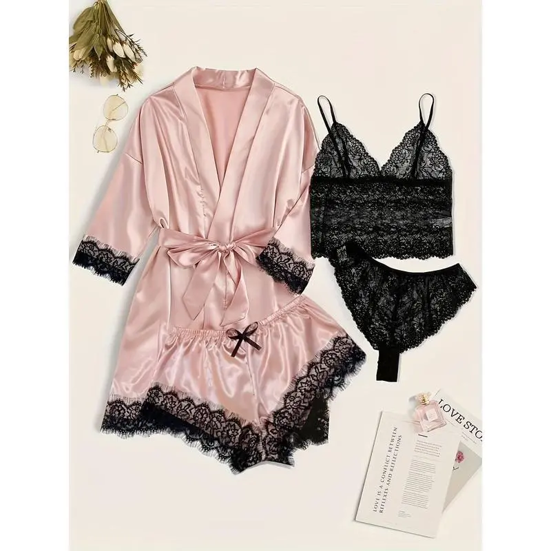 Three Quarter Sleeve Satin Elegant Lounge Set, Contrast Lace Robe With Belt,  Bra, Panty, and Elastic Shorts, Women's Loungewear
