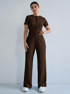Women's Minimalist Solid Color Button-Up Short Sleeve Slim Top & Wide Leg Trousers Co-ord