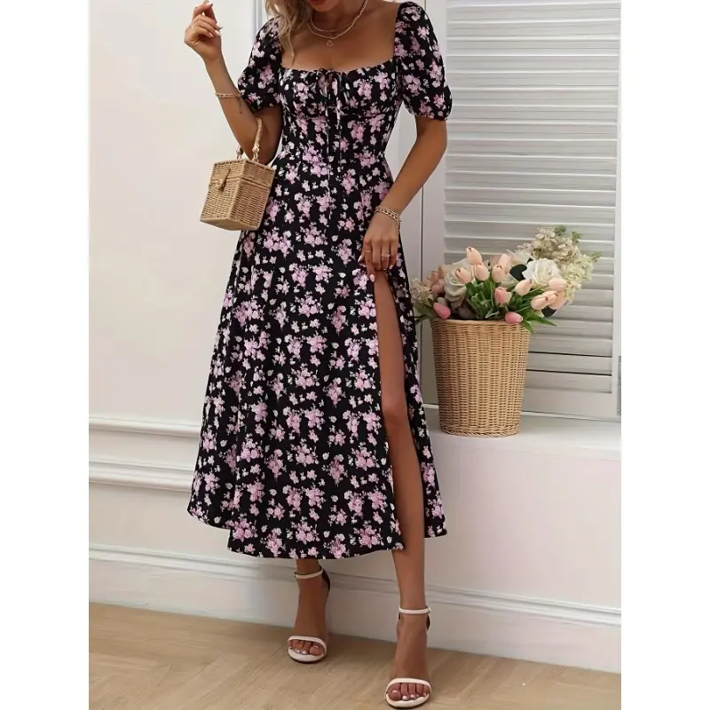 Floral Print Puff Sleeve Dress, Chic Split Hem A-line Dress For Spring & Summer, Women's Clothing Casual Womenswear Comfort Bohemian Boho Fitted Multicolor Shortsleeve Formal 8