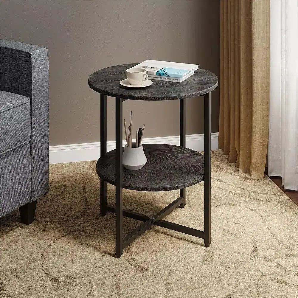 Livingandhome Small Round Coffee Table with 2 Tier - Black