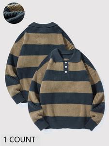 Men's Colorblock Striped Print Polo Collar Sweater, Regular Fit Casual Long Sleeve Jumper for Fall & Winter, Men's Knitwear for Daily Wear