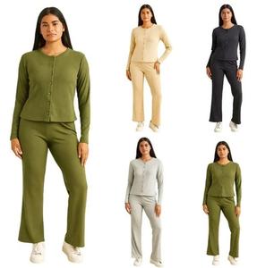 Findfashion Women's Ribbed Co-Ord Lounge Wear Set 2 Piece Button Top And Wide -Leg Pants For Ladies