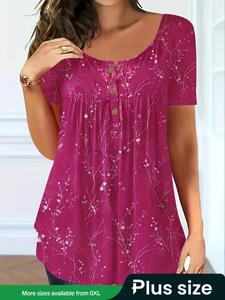 【Plus Size】 Floral Print Short Sleeve Tee, Casual Round Neck Button Front Top for Summer, Women's Clothing for Daily Wear, Womenswear