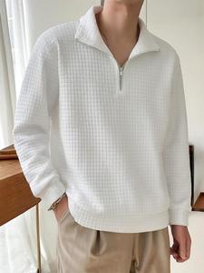 Men's Plaid Textured Half Zip Sweatshirt, Loose Casual Long Sleeve Stand Collar Pullover for Spring & Fall, Fashion Men's Top for Daily Wear