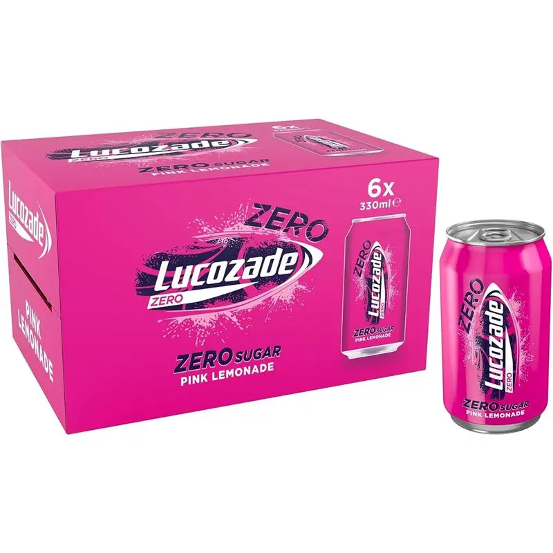 Lucozade Zero Fizzy Drink, Pink Lemonade Flavour, Sugar Free, Low Calorie, 6 Pack, 330ml Cans,Packaging may vary