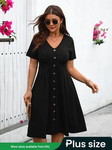 Plus Size Plain Button V Neck Dress, Casual Short Sleeve Knee Length Dress, Women's Plus Clothing for Daily Wear, Plus Size Clothes Women