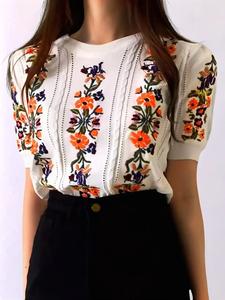 Women's Floral Embroidery Puff Sleeve Knit Top, Casual Fit Hollow Out Shortsleeve  Knitwear for Summer, Fashion Women's Knit Clothing for Daily Wear, Womenswear, Cozy Fabric