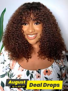 12 Inch Ombre Blonde Curly Glueless Closure Wig, 180% Density Remy Human Hair Brazilian Virgin Wigs Pre-styled Bangs & Glueless Design Highlighted Short Kinky Curly Wigs for Black Women