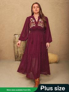 【Plus Size】 Polka Dot Print Floral Embroidery Ruffle Hem A Line Dress, Elegant Bishop Sleeve Tie Neck Long Dress for Spring & Fall, Women's Clothes for Vacation Holiday