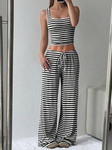 Women's Striped Print Tank Top & Wide Leg Pants Two-Piece Set, Casual Fashion Cozy Breathable Two Piece for Daily Outdoor Wear, Ladies Clothes for Spring & Fall