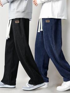 Men's Letter Patched Drawstring Waist Corduroy Pants, Casual Comfy Regular Fit Pocket Trousers for Fall & Winter, Men's Bottoms for Daily Wear