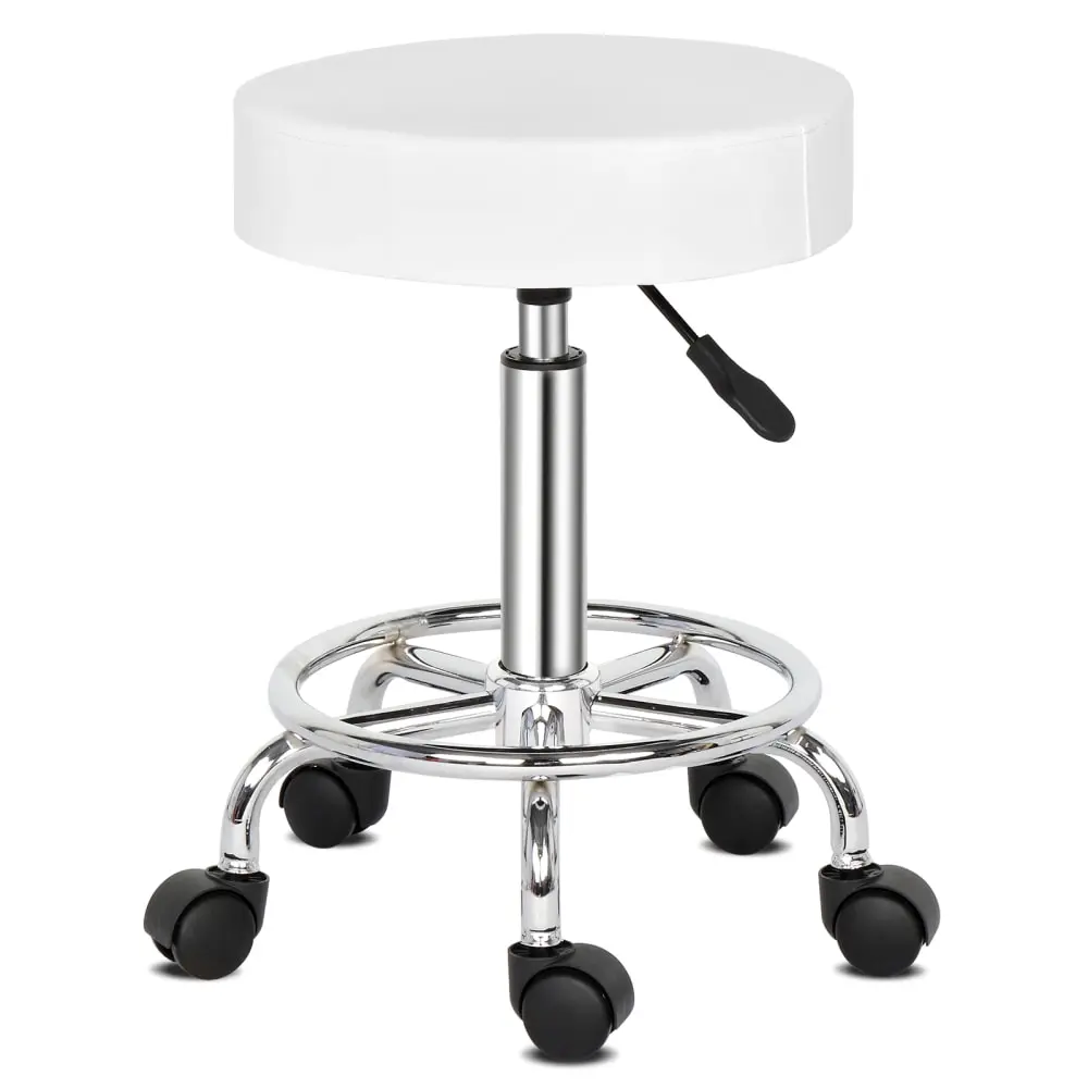 White Round Swivel Stool with Unique Footrest, Smooth Rotation for Kitchen Counter, Home Bar, Vanity – Comfortable Modern Bar Stool Seating