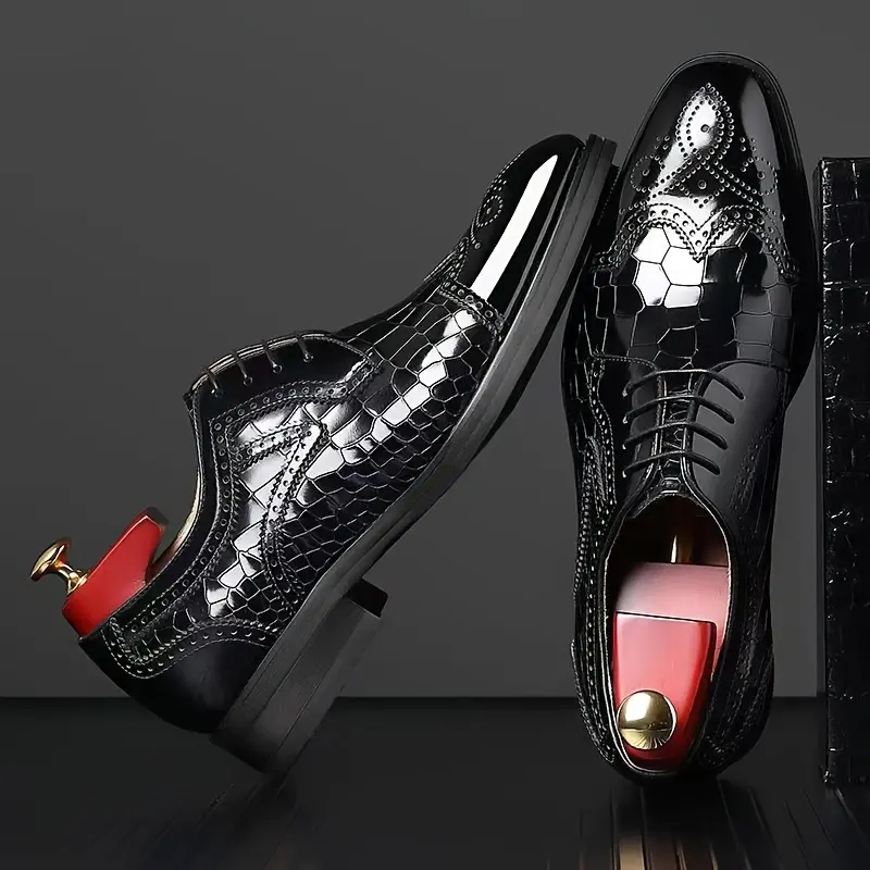 Men's Wing-tip Brogue Shoes, Formal Dress Breathable Anti-skid Lace-up Shoes For Business Office, Spring Summer And Autumn 5