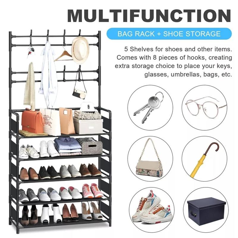New Coat and Hat Stand 8 Hooks Metal Shoe Rack 5 Tiers Shelf Hanger Black 7