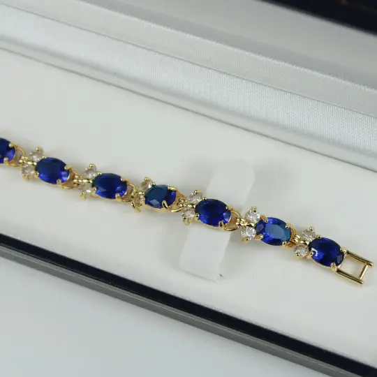 YELLOW GOLD FINISH Created Diamond Oval Cut Blue Sapphire Bracelet Including Gift Box 6