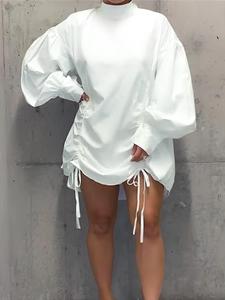 Women's Solid Lantern Sleeve Mock Neck Shirt Dress, Casual Fashion Drawstring Knot Design Long Sleeve Dress for Daily Wear, Ladies Dresses for Spring & Fall, Dresses for Women, Summer Dresses 2025