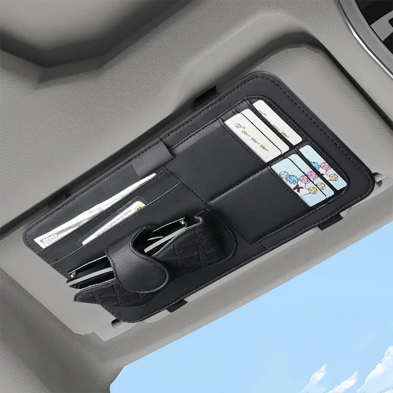 1pc PU Leather Universal Fit Car Sun Visor Multi-Pocket Caddy with Glasses Clip, Pen Holder, and Credit Card Slots 7