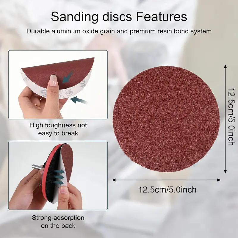 66-piece sanding disc set with hook and loop 125mm attachment, drill grinder backing pad Strong toughness, not easy to break, strong back adsorption Reverse adsorption, easy installation, removable, durable Excellent polishing effect 2