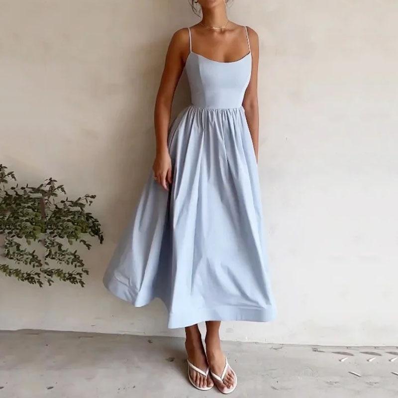 New Women's Clothing Temperament Commute Sexy Low-Cut Slim Fit Waist Trimming Spaghetti Straps Big Swing Dress Women Formal Womenswear 2