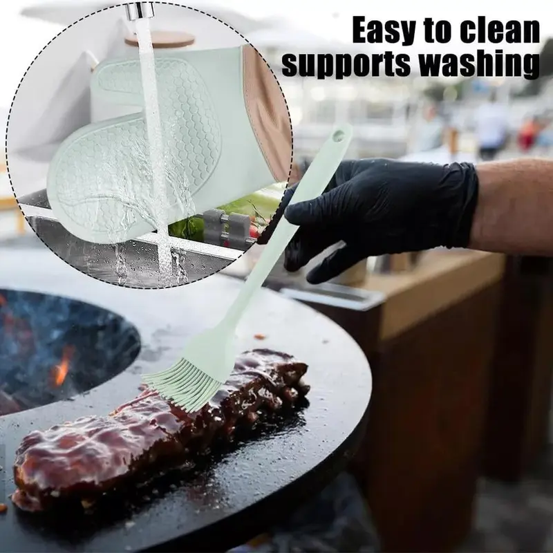 Heat Resistant Silicone Oven Gloves and Pot Mats Set for Cooking and Baking - Bakeware Kitchen Waterproof 7