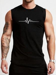 Men's Heartbeat Print Round Neck Tank Top, Regular Fit Casual EKG Crew Neck Graphic Sleeveless Top for Summer, Men's Top for Daily Wear, Socks