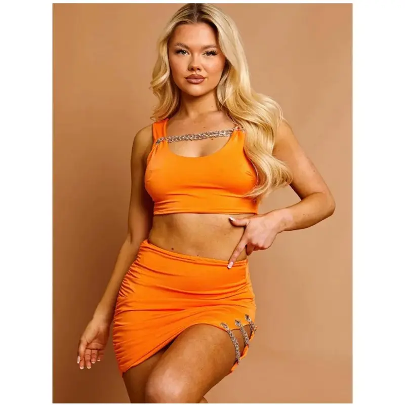 RAVE STYLE Chain Detail Crop Top & Ruched Skirt Co-ord Clothes Sleeveless 0