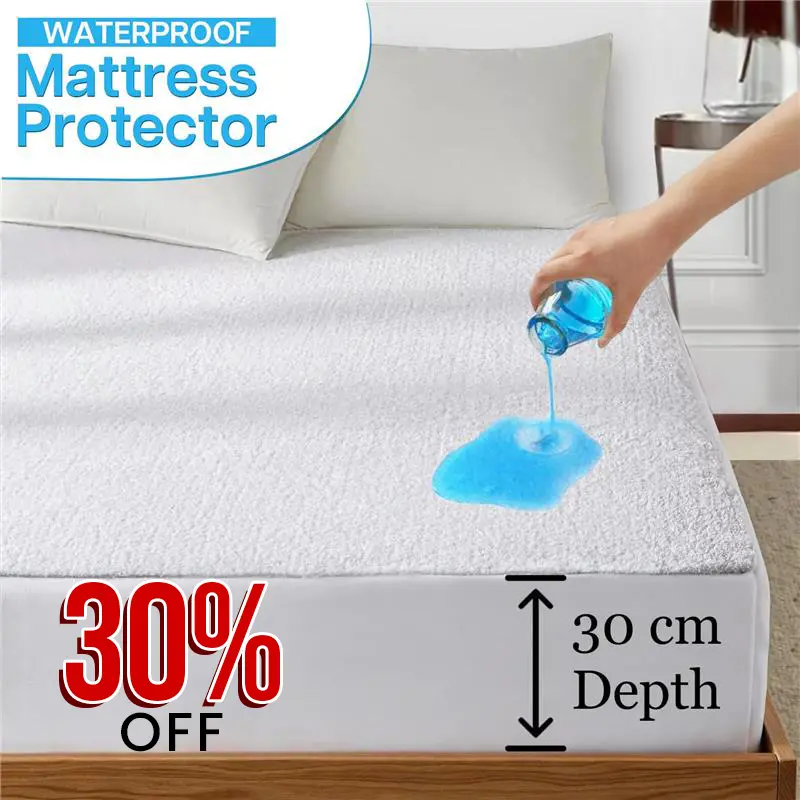 100% Waterproof Mattress Protector 30CM Extra Deep Elastic Fitted 1 Count Soft Terry Towel Touch Bed Top Cover, Waterproof Mattress Cover Single, Double, King & Super King