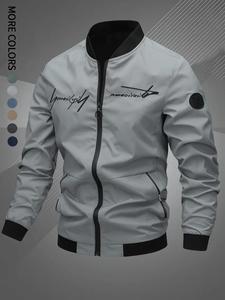 Men's Regular Fit Letter Embroidery Zip Up Bomber Jacket, Casual Long Sleeve Windproof Stand Collar Outerwear for Fall & Winter, Men's Clothes for Daily Wear