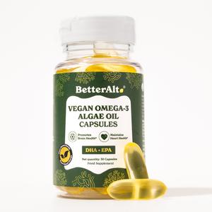 BetterAlt Vegan Omega-3 Softgel Capsules | Algae Oil (1000 mg) |  501 mg DHA | 6 mg EPA | Helps Promote Brain Health | 1-Month Food Supplement