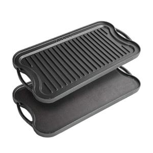 nuovva Cast Iron Griddle Plate for Gas Hob and BBQ Griddle pan Double Sided Pre-Seasoned, Grill Plate Tray, for Healthy and Delicious Cooking, Flat and Ridged Surfaces 50 x 25cm